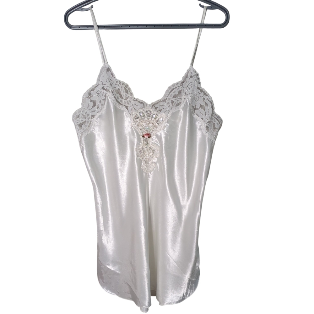 California‎ Dynasty Vintage White Satin Chemise Nightgown Floral Lace Trim Large